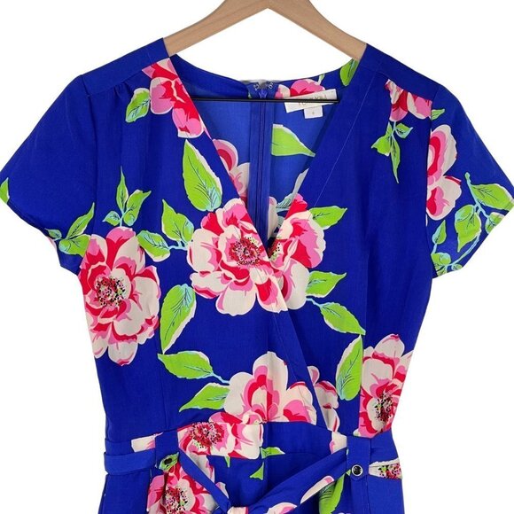 Yumi Kim Floral Romper Small VNeck Short Sleeve Belted Dodger Blue - Picture 2 of 13